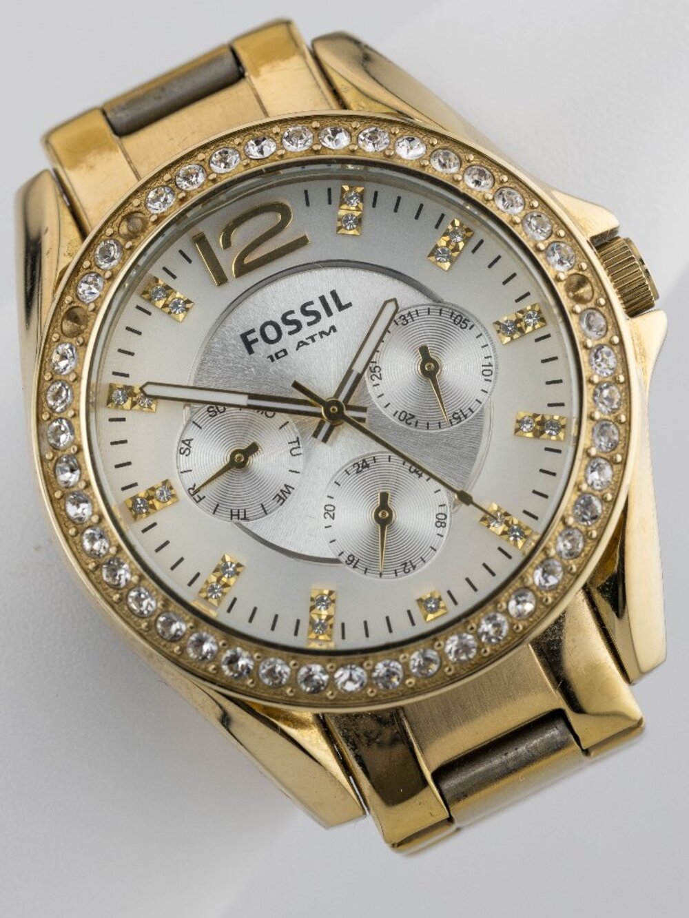 Fossil Riley Women Gold Crystal Multifunction Quartz Analog Watch Fresh Battery